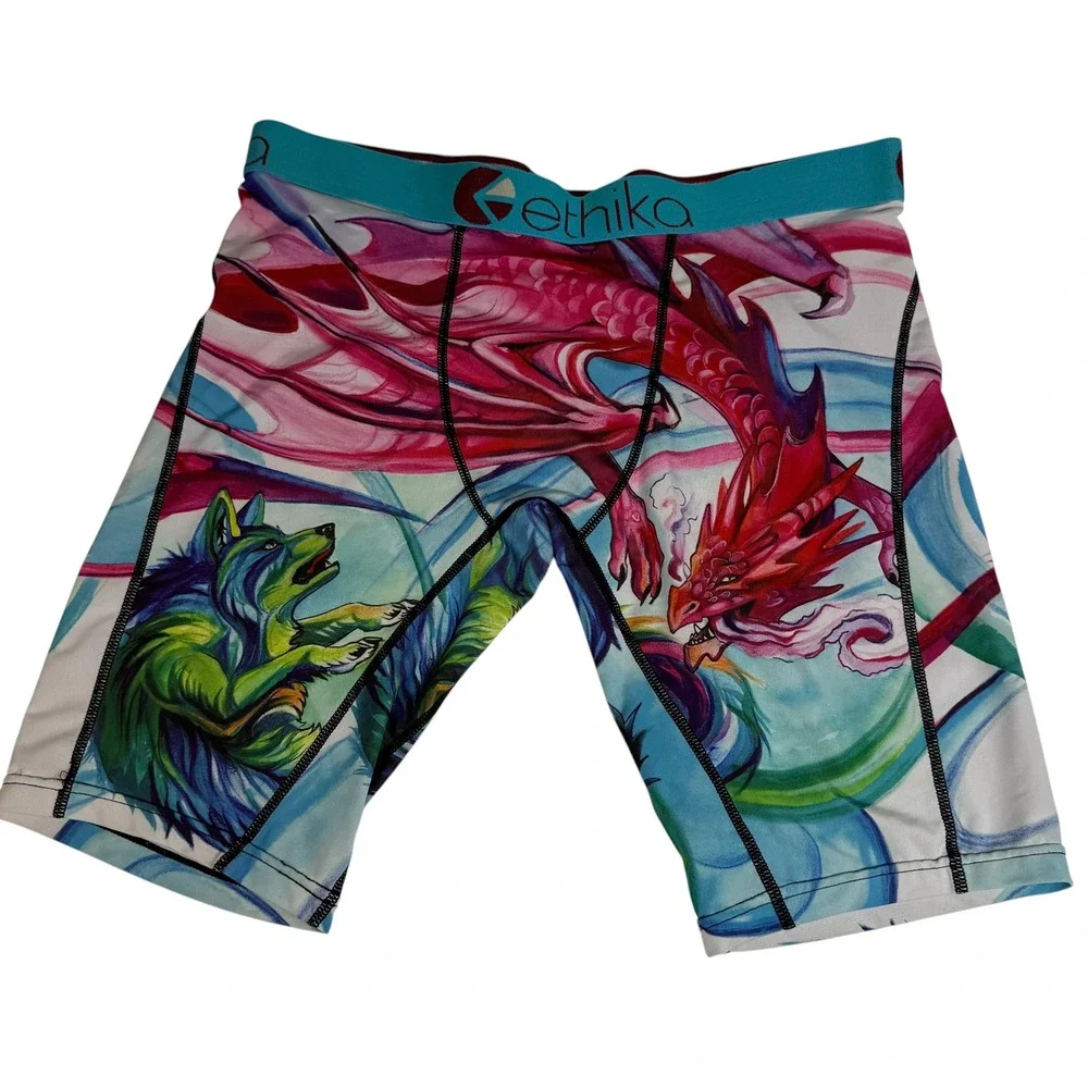 Ethika Mens Medium Red Dragon Green Wolf Graphic Staple Boxer Briefs Multicolor